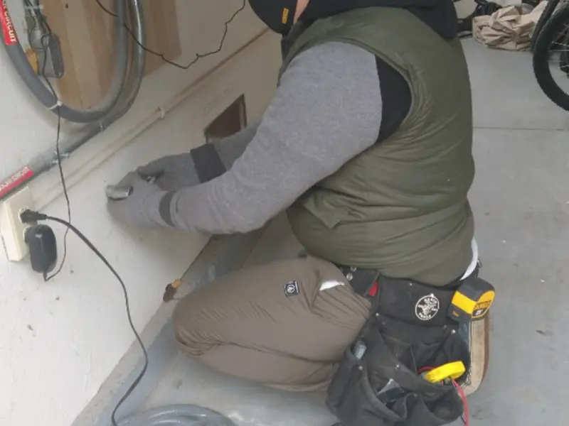 Electrician performing outlet wiring in a Mineola garage